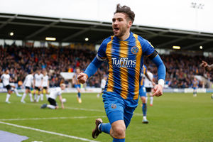 Luke Leahy of Shrewsbury Town celebrates after scoring a goal to make it 2-1 (AMA)