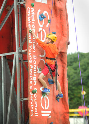 Climbing high during the Shape Summer Festival 2019, Aidan Ellis, aged 10, of Rowley Regis