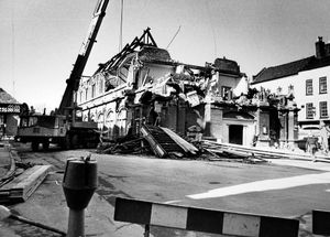 Having few friends the Victorian building was razed to the ground with little local opposition. This picture of demolition work in progress on Ludlow Town Hall was taken on March 20, 1986.