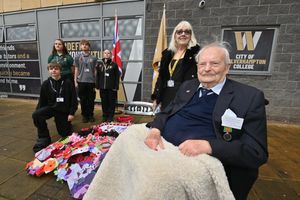 Maurice Everett, 101, from Cheshire (Former Bomber Command) visited the event this year. Pictured: Thomas Fereday 17, Julija Butanovica 16, Brandon Wall 18 and Sophie Hulley 18 (Uniformed Services Students).