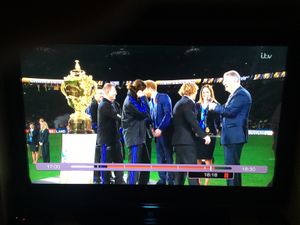 Kevin Carr, part of the All Blacks team, being greeted by Prince Harry on the World Cup win in 2015