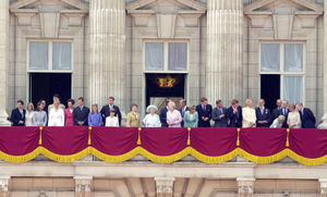 Members of the Royal family join the Queen Mother on the balcony of Buckingham Palace on Friday, August 5, 2000, to celebrate her 100th birthday,  They are, from left, Viscount Linley, his wife, Serena, Lady Sarah Chatto, her husband, Daniel,  Zara Phillips, Tim Laurence, Princess Royal, Peter Phillips, Princess Beatrice, the Duke of York, Princess Eugenie, Pincess Maragaret, The Queen Mother, Queen Elizabeth ll, Earl of Wessex (partially hidden), the Duke of Edinburgh, the Countess of Wessex, Prince William, Prince Charles, Prince Harry, Princess Michael of Kent, Prince Michael of Kent, the Duchess of Kent (hidden), Duke of Kent (rear), Princess Alexandra, Sir Angus Ogilvy, the Duchess of Gloucester and the Duke of Gloucester
.