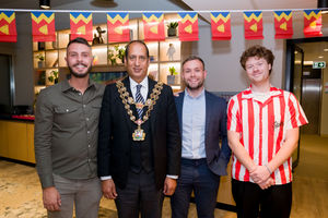 Celebrating the launch of Crowe’s new Birmingham office are Lord Mayor Cllr Zafar Iqbal with (from left) Jacob Walker, Joe Sysum and Matt Roberts