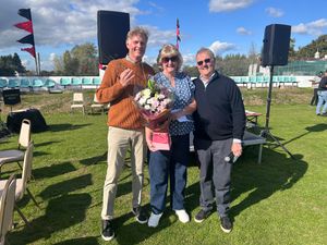 L-R: Longest-serving employee Lynn Parks with directors Jonathan Gough, left, and John Gough, right, at the Gough Group fun day marking 125 years in business 
