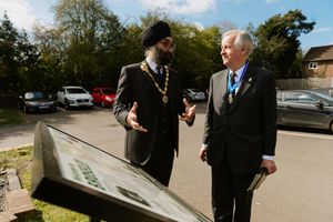 Broseley mayor Councillor Tarlochen Singh-Mohr speaks with the High Sheriff of Shropshire Tony Morris-Eyton