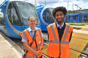 Aspiring tram drivers Margarita Rybakova and Mario Pina at the DWP recruitment event for the West Midland Metro