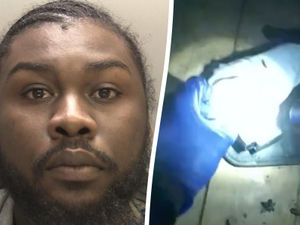 Supporting image for story: Watch moment police find gun hidden in sock in loft after seeing insulation in suspect's hair