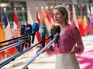 European Union foreign policy chief Kaja Kallas speaking to the media