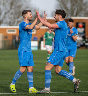 Lichfield's James Wilcock (L) celebrates his goal with Jamie Spiers (R). (Image by Jim Wall)