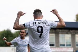 Matty Stenson celebrates giving Telford a 3-1 lead as he fires a penalty low to the Evesham keeper's right (Picture: Kieren Griffin Photography)
