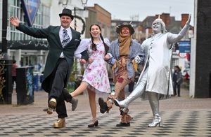 Halesowen Town Centre, where Startime Variety were plugging their upcoming production of: The Wizard of Oz.  The Wizard (in top hat) is Chris Ashford, Tinman: Holly Mills, Dorothy: Georgina Philpott, Scarecrow: Sara Aldridge,