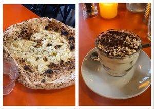 Garlic bread (left) and tiramisu (right) at Rudy's Pizza in Sutton Coldfield. (Photo: Isabella Boneham)