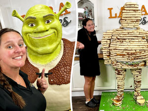 Supporting image for story: Walsall baker creates life-size Shrek cake so tall she needed ladders to ice it - and donates it to food banks