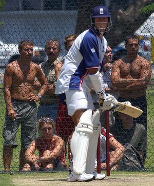 Marcus Trescothick is watched by fans in the nets at The Gabba cricket ground, Brisbane, Australia