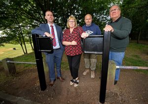 Councillors Matt Ward, Christine Bott and Paul Bott, with site fitter Ian Clarke, next to one of the newly installed barriers at King's Hill Park, Darlaston, to stop off road motorbikes entering the park.