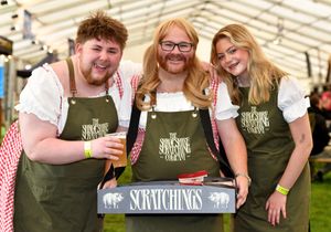 Tom Earp, Percie Russell and Emily Brogden from Shropshire Scratchings Company, keeping people in tasty snacks at Shropshire Oktoberfest.