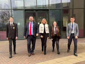 Windsor High School and Sixth Form Headteacher, Stephen Lanckham, and Windsor Academy Trust CEO Dawn Haywood
celebrate Ofsted judgement of ‘Outstanding in all judgement areas’ with students at the
school.