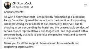 Former councillor Cook\'s Facebook statement. Picture: Facebook/Councillor Cook