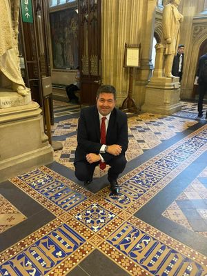 Labour's new Telford MP Shaun Davies with the tiles made by Craven Dunnill Jackfield in Westminster's Central Lobby.