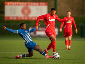 Action from Shawbury United's heavy defeat at Stafford Town. Pic: Kieran Stoddart