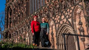 Chamber President Ruth Redgate is pictured, left, with Angel Media's Justine Halifax, right, outside Lichfield Cathedral