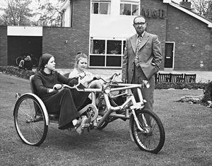 August 1979: 'Wolverhampton design engineer Mr John Brettell has come up with an idea that could revolutionise cycling - a two or even four-seater cycle which could oust the family car for travel. The Brettell Buggie is tricycle with car-type seating. There are 12 variations, including a family four-seater, a camping buggie with a big boot for camping gear, a shopping buggie and even a water buggie for use on rivers, canals and lakes.' Mr Brettell watches as Christine Hemmings and Dawn Mason try out the buggie.