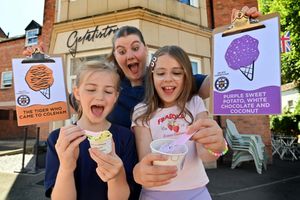 Coleham pupils Harmony Chappell and Florence Jennings with Gaia Berni from Gelatistry.