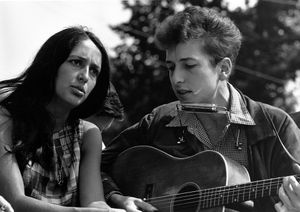 Joan Baez and Bob Dylan in the early 60s at Woodstock