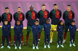 Left to right, Portugal's Joao Cancelo, Ruben Neves, Danilo Pereira, Ruben Dias, Diogo Costa and Cristiano Ronaldo line up before the FIFA World Cup Group H match at Stadium 974 in Doha, Qatar. Picture date: Thursday November 24, 2022.