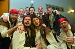 Front centre L to R: Dean Brawn and Lee Owen are pictured with their pirate mates in 2015