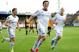 Sean Clancy of AFC Telford United celebrates after scoring the opener from the penalty spot