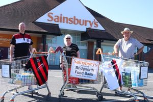 Spartans media lead Sten Lloyd, Bridgnorth Food Bank manager Liz Bird and Bridgnorth Food Bank PR manager and fundraiser Phil Webster at Sainsbury's in the town