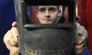 Dean with his welding mask and gear