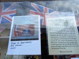 Elizabeth Griffiths now has a picture of Sir Keir Starmer in her shop window, comparing him to controversial former Conservative politician Enoch Powell. Picture: LDRS