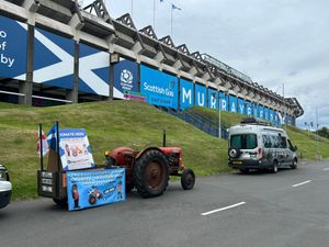 Brian's tractor parked at the Murrayfield Stadium in Scotland.