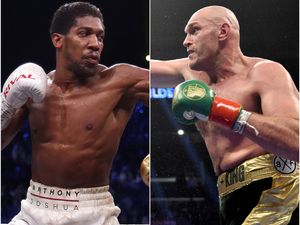 Images of Anthony Joshua and Tyson Fury fighngting in the ri