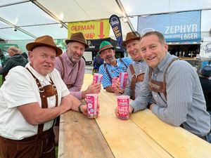 The gang of friends from Hay on Wye working their way through their £250 beer kitty.