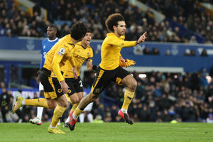 Rayan Ait-Nouri of Wolverhampton Wanderers celebrates after scoring their side's second goal during the Premier League match between Everton FC and Wolverhampton Wanderers at Goodison Park on December 26, 2022 in Liverpool, England. (Photo by Jack Thomas - WWFC/Wolverhampton Wanderers FC via Getty Images).
