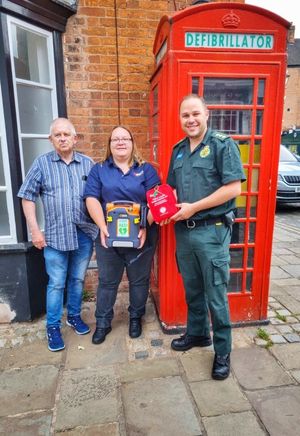 WMAS Community Response Manager, Tim Cronin, North Warwickshire CFR, Sam Hall, and Atherstone Town Councillor, Ray Jarvis, with the new bleed control kit.