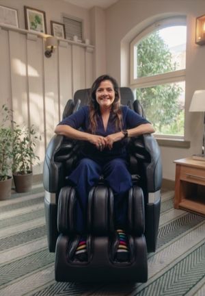 Nina Wadia sitting in a massage chair