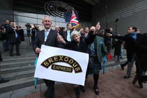 Ann Widdecombe reacts with other members of the Brexit party as they leave en masse from the European Parliament in Brussels, Belgium, ahead of the UK departing the European Union