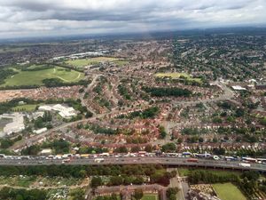 The long queues seen from the Midlands Air Ambulance over Great Barr. Picture: @MAAHMED03
