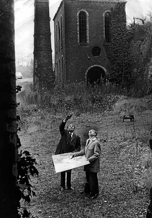John Madin and Lewis Jones get a close look at the ruined ironworks at Blists Hill in December 1963.