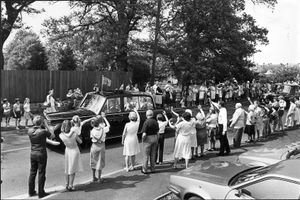 nostalgia pic. High Ercall. Queen passing through High Ercall in 1982. Queen paid a private visit to COD Donnington on June 4. She was Colonel in Chief of the Royal Army Ordnance Corps. She officially opened the new Central Processing Building. She arrived at RAF Shawbury and travelled by road, through High Ercall.
Royal visit. Royal visits. Her Majesty the Queen. Library code: High Ercall nostalgia 2006.