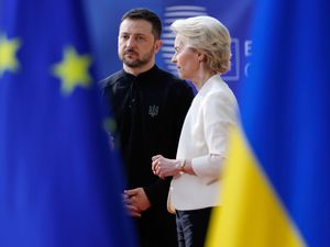 European Commission president Ursula von der Leyen speaks to Ukrainian President Volodymyr Zelensky at an EU summit