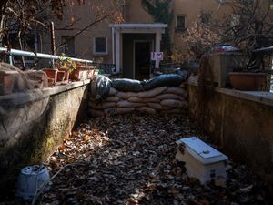 A house in Kibbutz Manara in norther Israel, near the border with Lebanon, is protected with sandbags