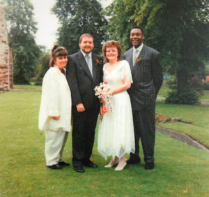 A photograph from the album of Greg Stokes during his first wedding in 1988, at Priory Park, Dudley, with Dawn French and Lenny Henry, his best man