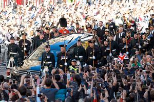 King Charles III, the Princess Royal, the Duke of York and the Earl of Wessex walk behind the Queen’s coffin

