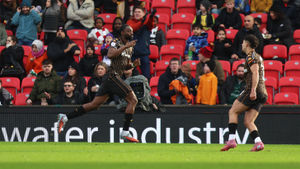 Semi Ajayi celebrates his first Hull goal in the win at Stoke recently. (Photo by Nathan Stirk/Getty Images)