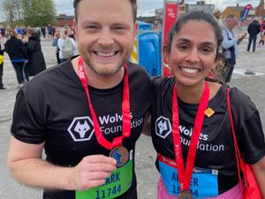 Wolves Foundation ambassadors Mark Rhodes and Amber Sandhu after completing the AJ Bell Great Birmingham 10k.